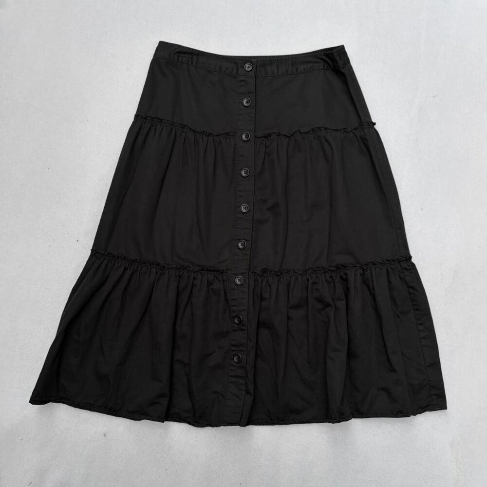 Banana Republic Black Button Front Tiered Ruffle Linen Cotton A-line Skirt Sz 8 - Picture 1 of 6